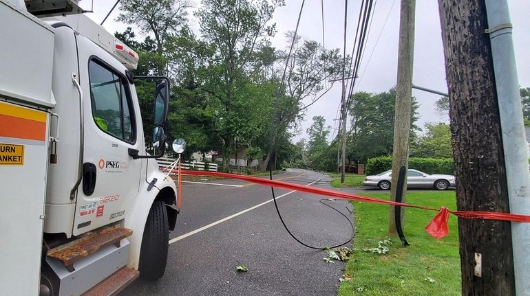 A PSEG crew works on Pulaski Road in Huntington Station...