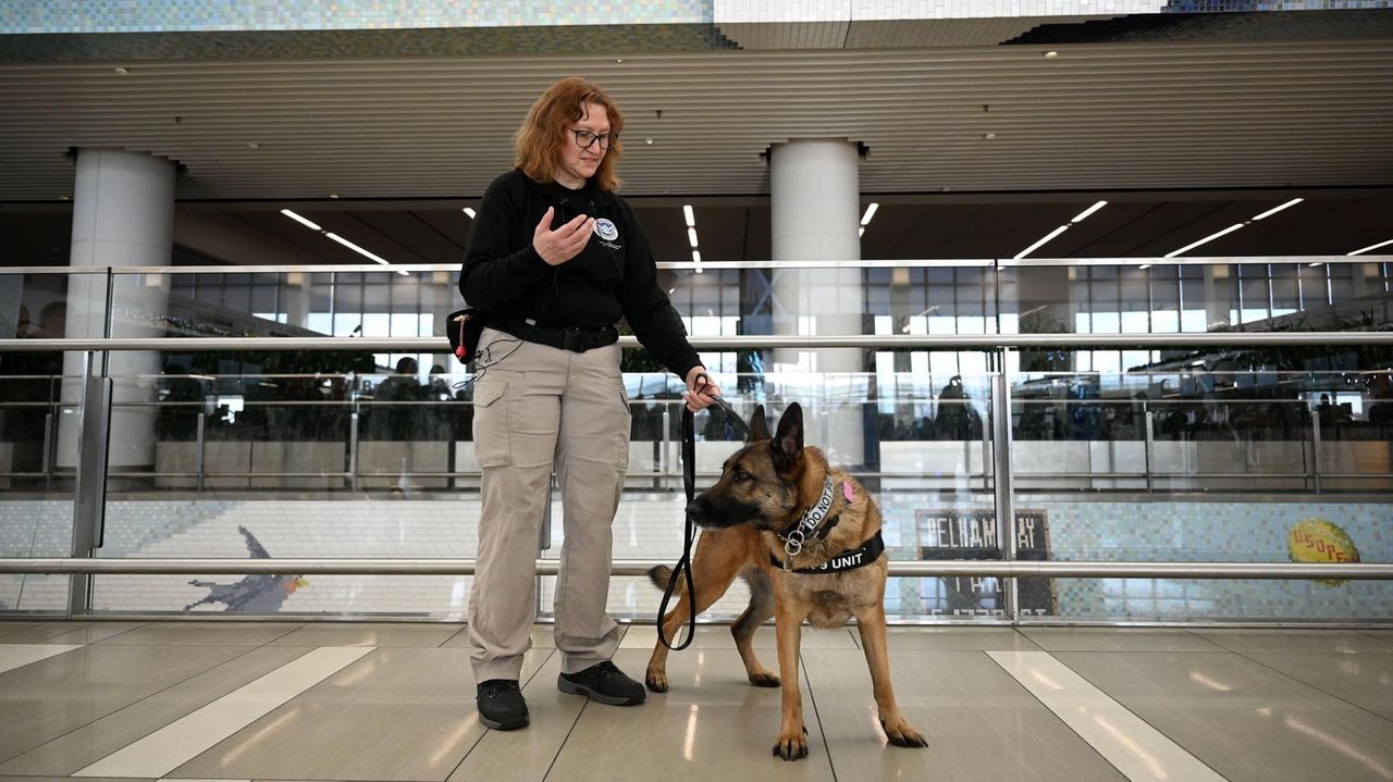 Bethpage canine handler on bomb-hunting duty at LaGuardia Airport with