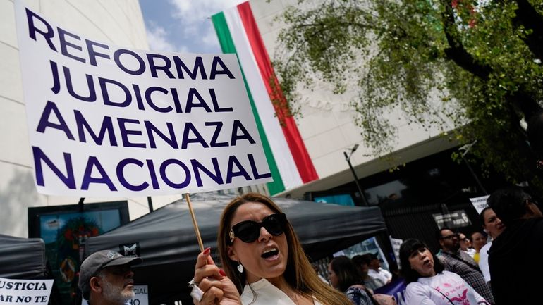 A demonstrator holds the sign "Judicial reform national threat" during...