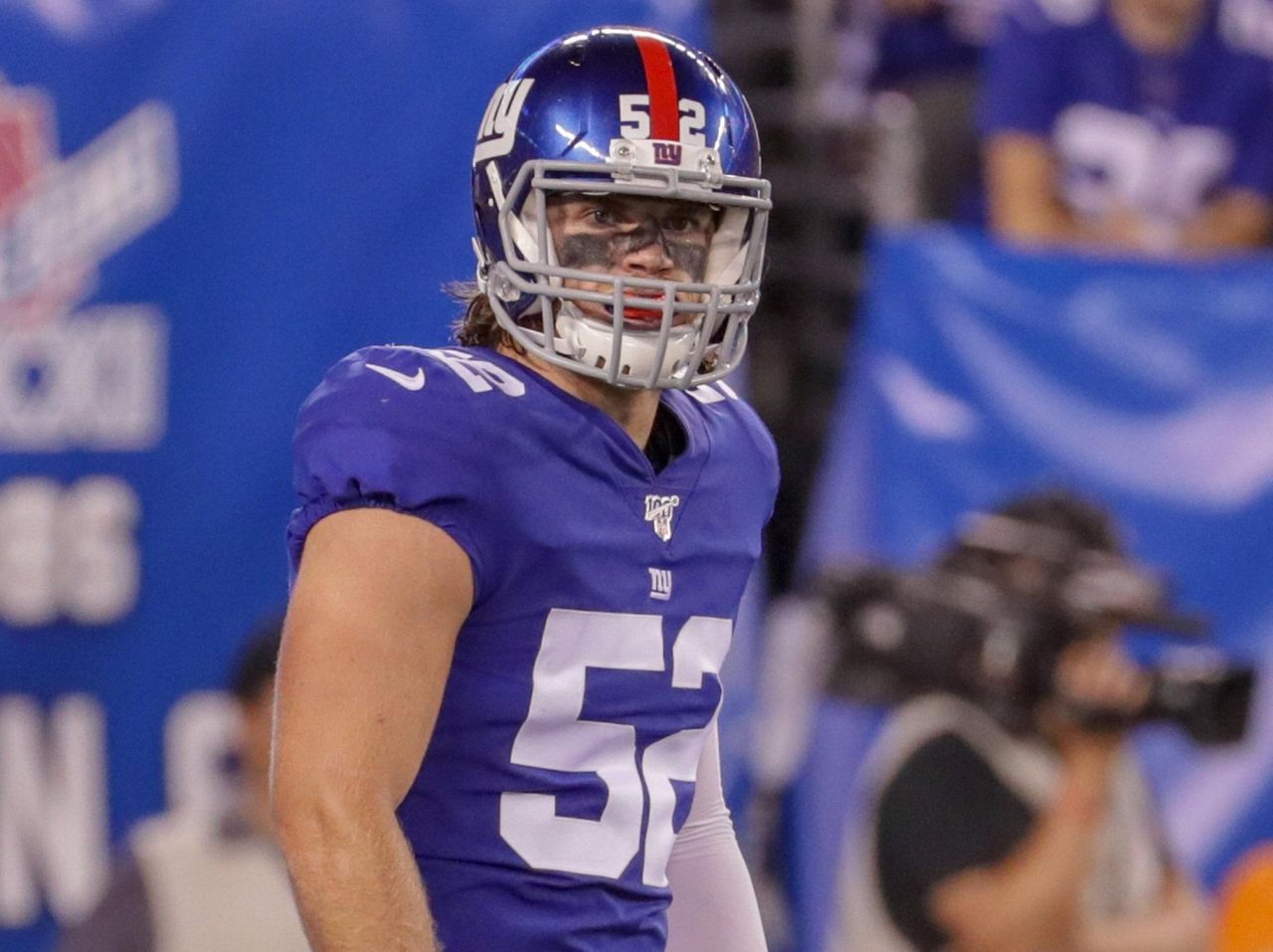 New York, USA. August 8, 2019, East Rutherford, New Jersey, USA: New York  Giants outside linebacker Jake Carlock (52) during a preseason game between  the New York Jets and the New York