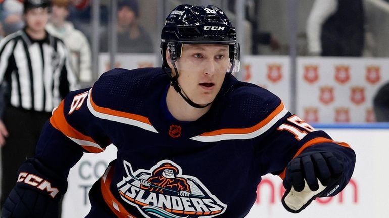 Aatu Raty of the Islanders skates against the Penguins at UBS Arena...