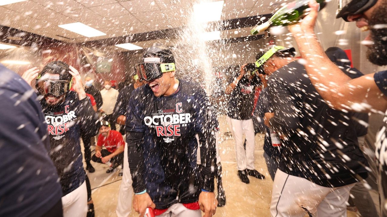 Bronx, USA. 22nd Apr, 2022. New York Yankees manager Aaron Boone  congratulates the team after a win 4-1 against the Cleveland Guardians at  Yankee Stadium on Friday, April 22, 2022 in New