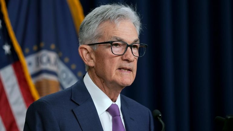 Federal Reserve Board Chair Jerome Powell speaks during a news...