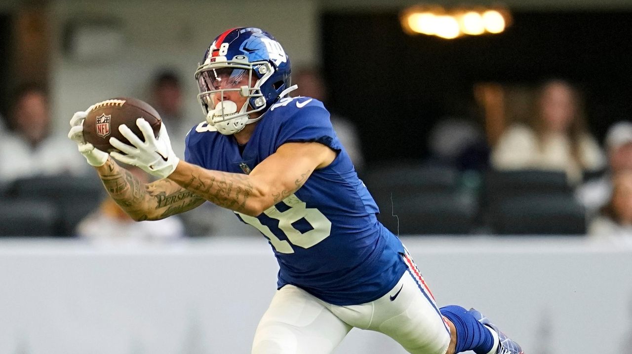 New York Giants' Isaiah Hodgins catches a pass between Minnesota