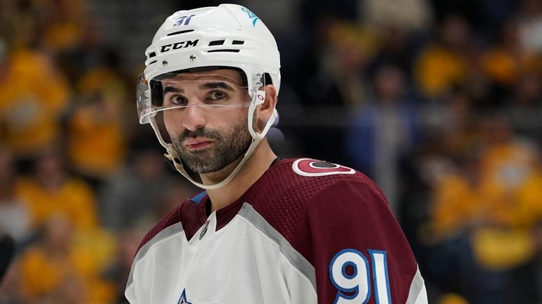 FILE - Colorado Avalanche center Nazem Kadri plays against the...