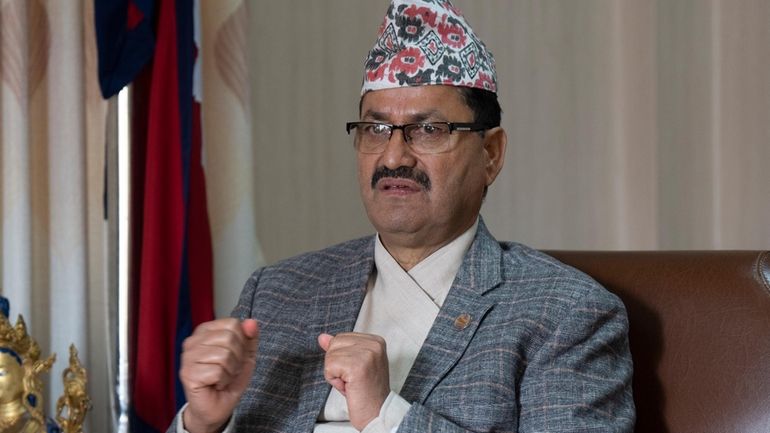 Nepal's Foreign Minister Narayan Prakash Saud speaks to the Associated...