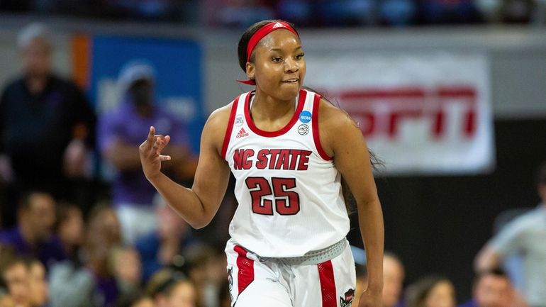 North Carolina State's Kayla Jones (25) reacts after a 3-point...