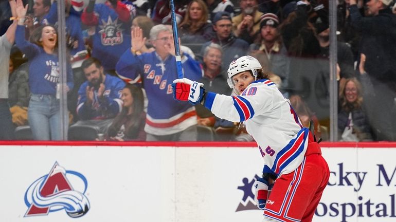 Artemi Panarin #10 of the New York Rangers celebrates the...