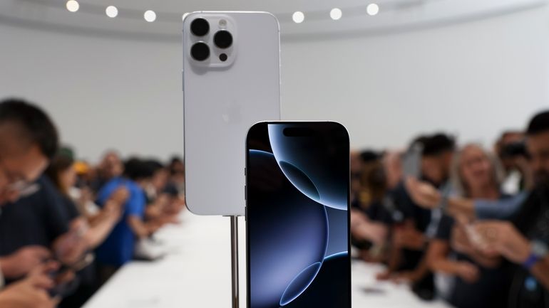 The new iPhone 16 is displayed during an announcement of...