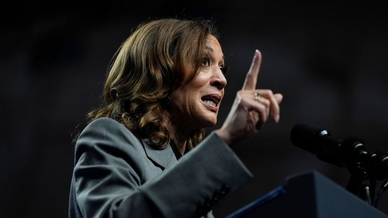 Democratic presidential nominee Vice President Kamala Harris speaks during a...