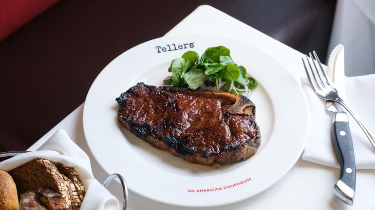 A bone-in New York strip steak is dry aged and glazed...