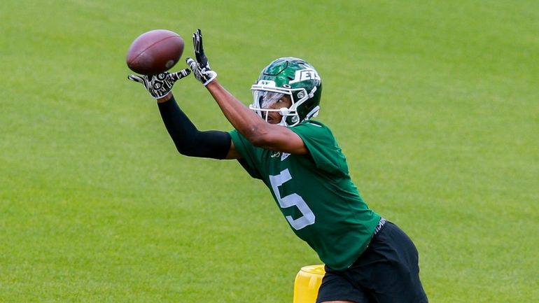 Garrett Wilson, 5 during the New York Jets OTA at...