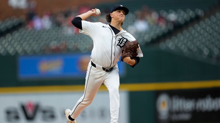 Detroit Tigers pitcher Reese Olson throws against the Cleveland Guardians...