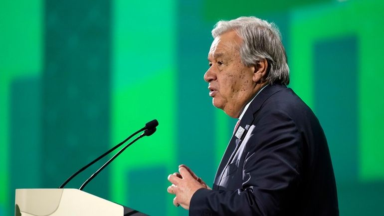 United Nations Secretary-General Antonio Guterres speaks during a session at...