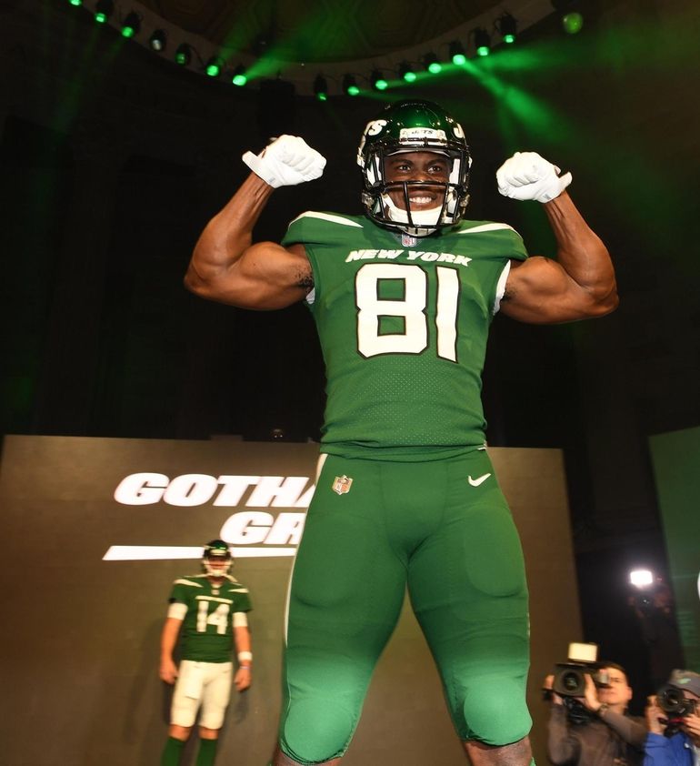 New York Jets players model the new Jets NFL football uniforms when the New  York Jets host a Uniform Launch Event at Gotham Hall in New York City on  April 4, 2019.