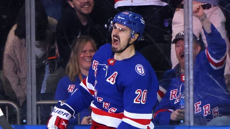 Chris Kreider of the New York Rangers celebrates his second...