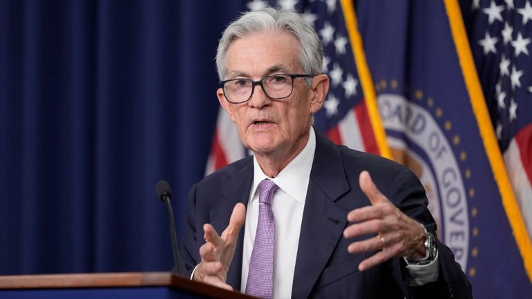 Federal Reserve Board Chairman Jerome Powell speaks during a news...