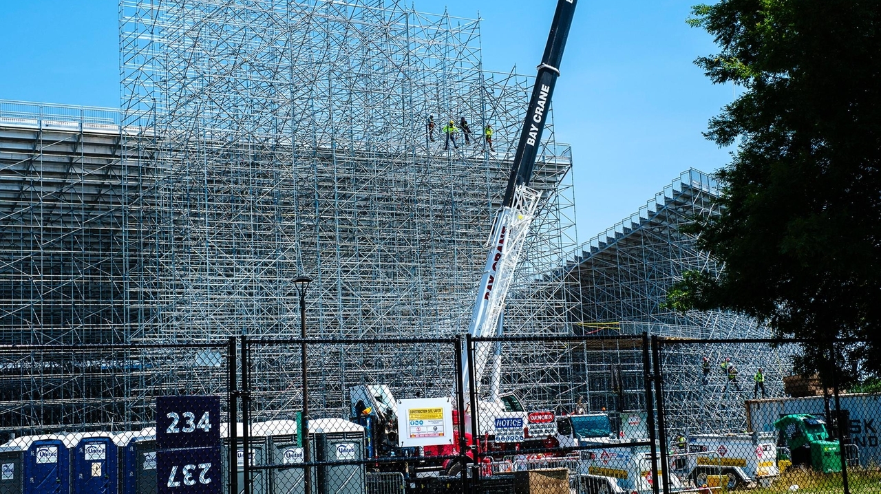 Workers taking down temporary Cricket Stadium in Nassau's Eisenhower Park