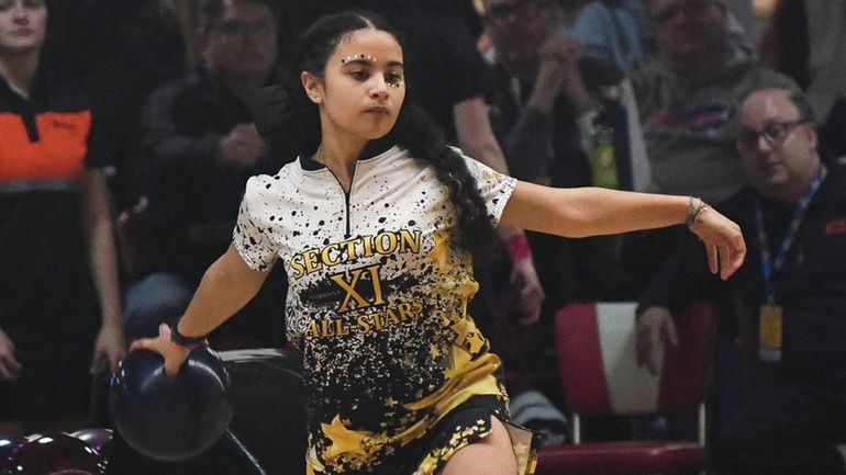 Sachem's Cira Arcangel bowls with the Suffolk All-Star Team during...