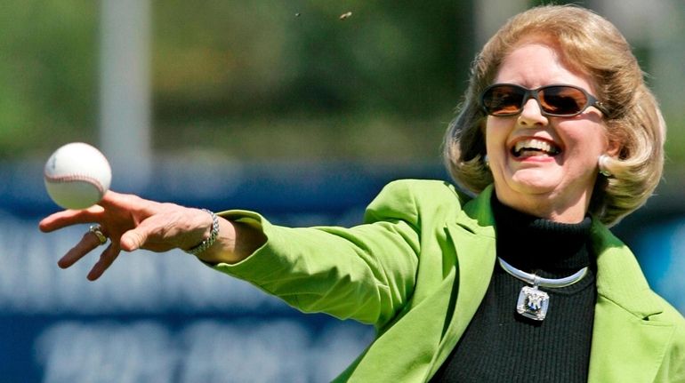 Joan Steinbrenner, wife of Yankees owner George Steinbrenner, throws out...