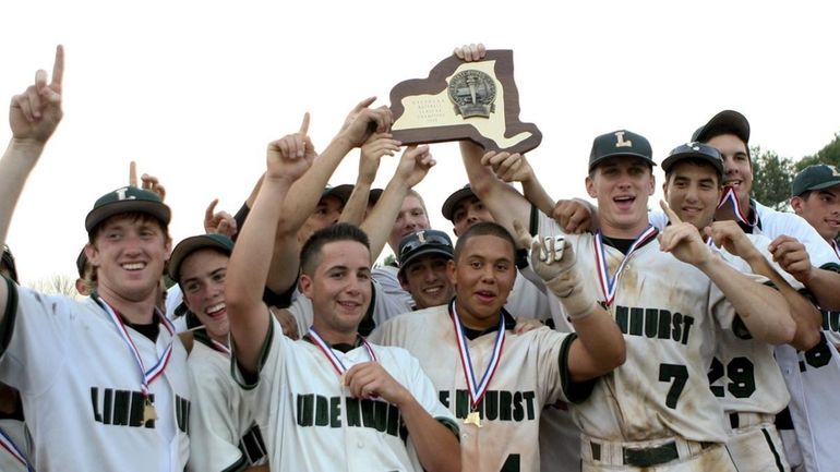 The Lindenhurst team holds the NYS Baseball Class AA Championship...