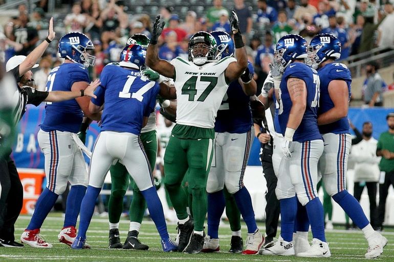 New York Giants running back Sandro Platzgummer (34) reacts after