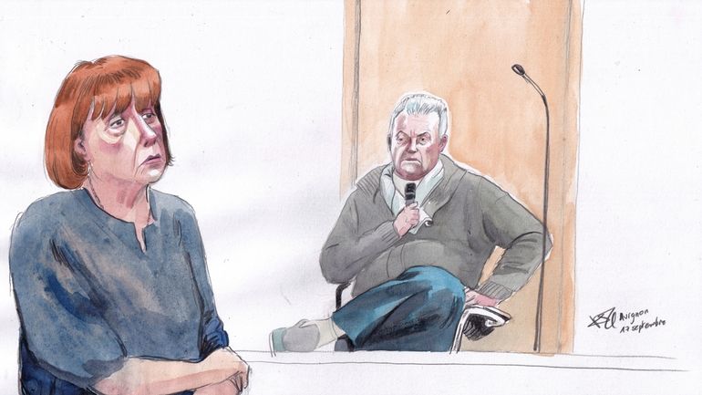 This courtroom sketch by Valentin Pasquier shows Gisèle Pelicot, left,...