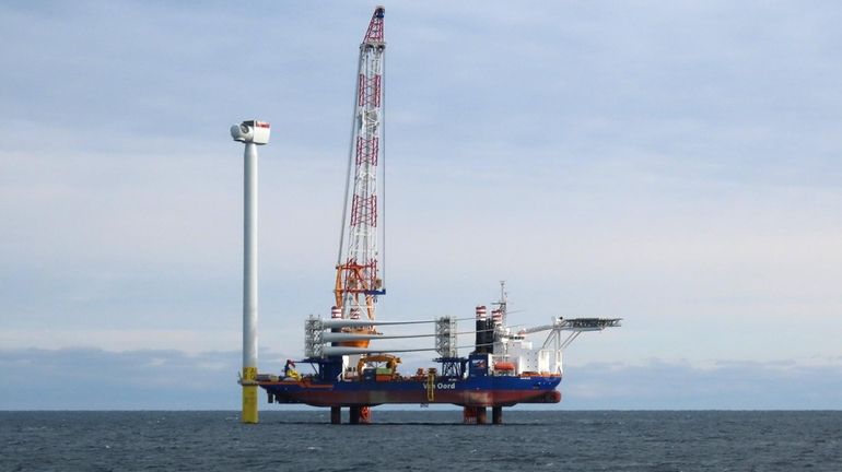 A turbine under construction at the South Fork Wind Farm...