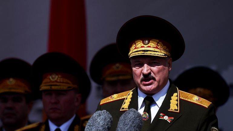 President Alexander Lukashenko of Belarus gives a speech during a...