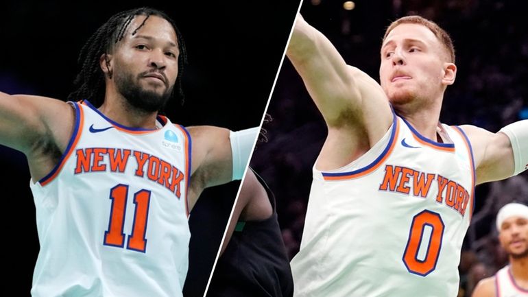 Knicks guards Jalen Brunson, left, and Donte Divincenzo.