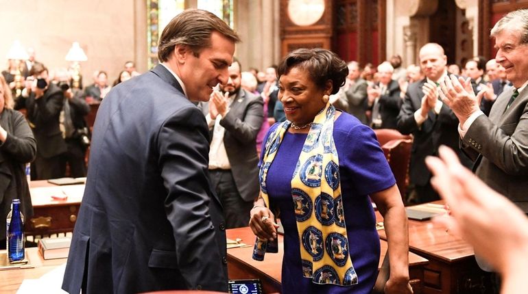 Senate Deputy Majority Leader Michael Gianaris (D-Astoria), left, introduces newly-elected Senate...