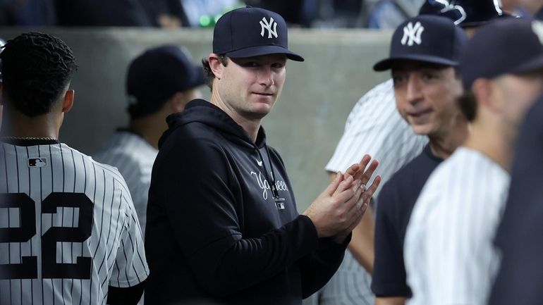 New York Yankees injured starting pitcher Gerrit Cole (45) in...