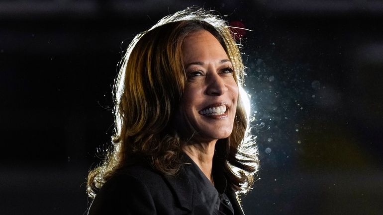 Democratic presidential nominee Vice President Kamala Harris speaks during a...