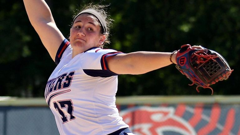 Miller Place pitcher Amelia DeRosa delivers against Bayport-Blue Point on...