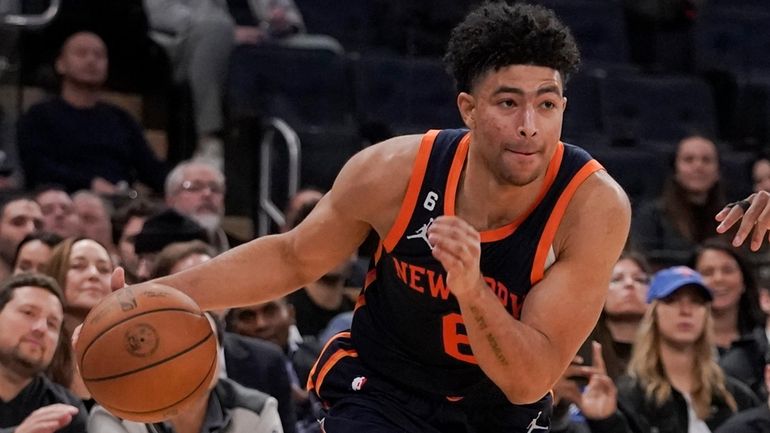 Knicks guard Quentin Grimes drives against Hawks guard Jarrett Culver...