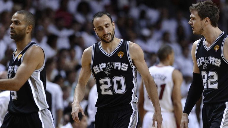 Tony Parker, Manu Ginobili and Tiago Splitter of the San...