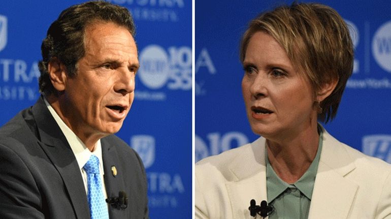 Gov. Andrew M. Cuomo and Cynthia Nixon speak at the...