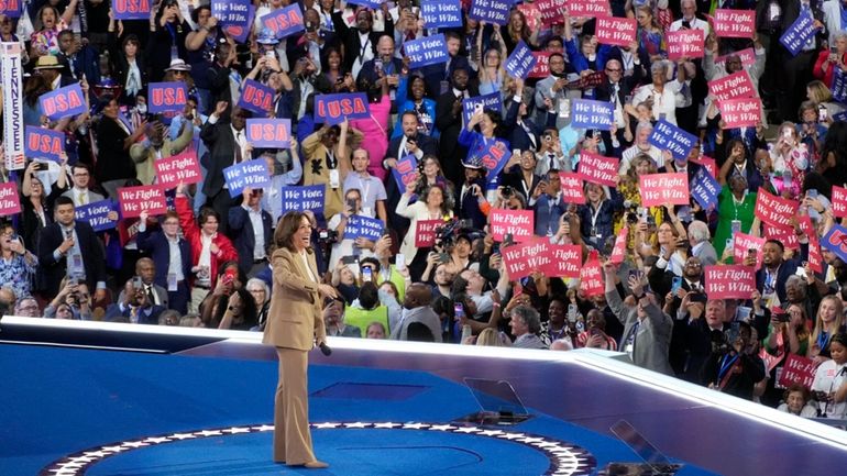 Democratic presidential nominee Vice President Kamala Harris speaks Monday on...