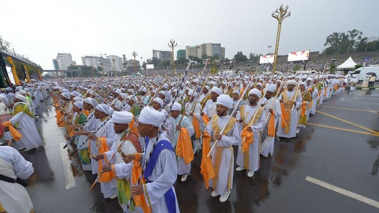 Religious leaders and Ethiopians celebrate Meskel, meaning the Cross in...