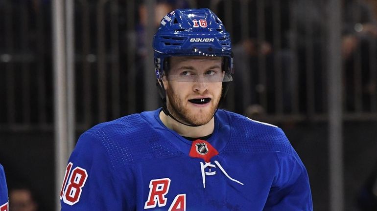 Rangers center Andrew Copp looks on against the Penguins in...