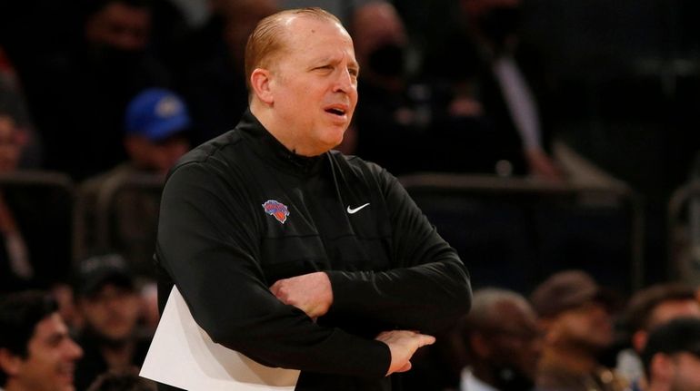 Head coach Tom Thibodeau of the Knicks looks on against the...