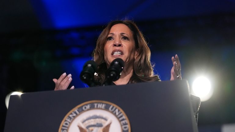 Vice President Kamala Harris speaks during a campaign event on...