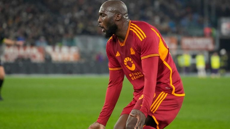 Roma's Romelu Lukaku reacts during the Series A soccer match...