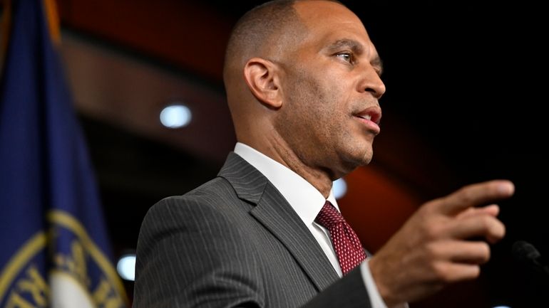 House Minority Leader Rep. Hakeem Jeffries, D-N.Y., speaks at his...