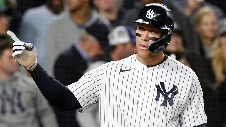 Aaron Judge of the Yankees waits to finish his at-bat in the...