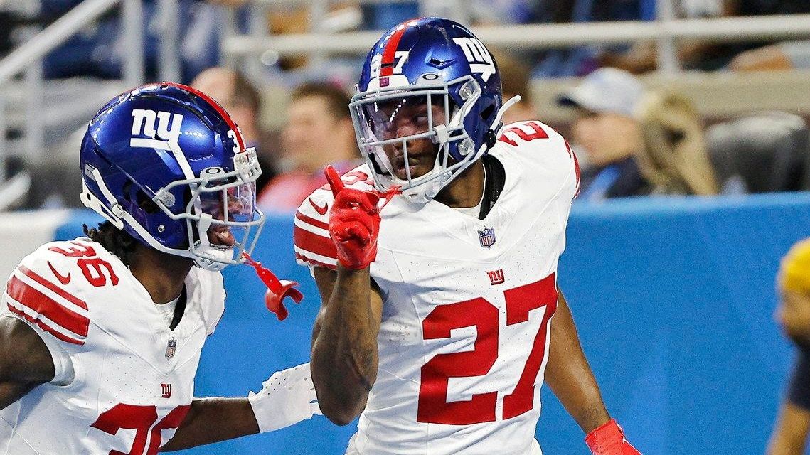 New York Giants cornerback Jason Pinnock (27) takes the field to face the  Detroit Lions in an NFL football game Sunday, Nov. 20, 2022, in East  Rutherford, N.J. (AP Photo/Adam Hunger Stock