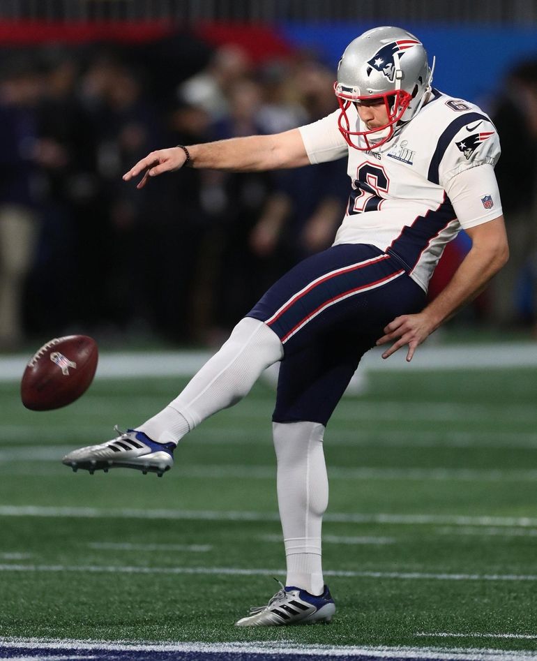 New England Patriots center David Andrews (60) celebrates a touchdown by  teammate Sony Michel (not pictured) in the fourth quarter of Super Bowl  LIII against the Los Angeles Rams at Mercedes-Benz Stadium