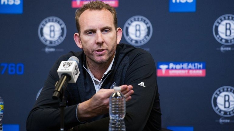 Brooklyn Nets general manager Sean Marks speaks during an end-of-season...