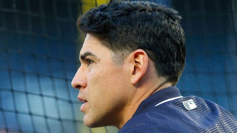 Jacoby Ellsbury of the Yankees looks on during batting practice...