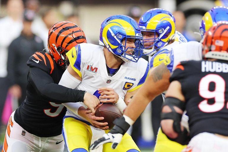 Inglewood, California, USA. 13th Feb, 2022. Los Angeles Rams defensive  tackle Aaron Donald (99) celebrates his game winning sack of Cincinnati  Bengals quarterback Joe Burrow (9) during Super Bowl 56 LVI NFL